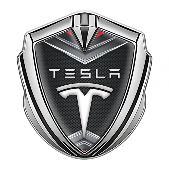 Tesla 3D Car Metal Domed Emblem Silver Fine Metal Mesh Chrome Elements