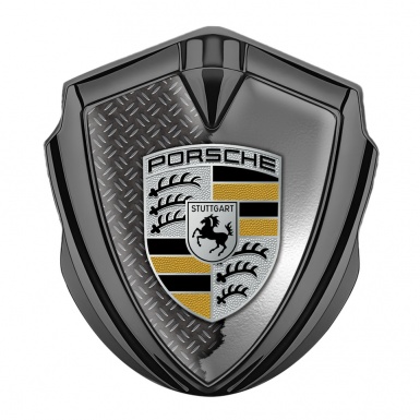 Porsche Trunk Metal Emblem Badge Graphite Half Torn Steel Black Yellow Logo