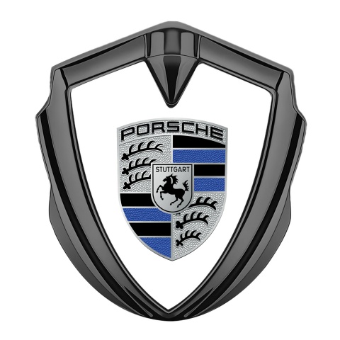 Porsche Tuning Emblem Self Adhesive Graphite White Base Blue Logo Motif