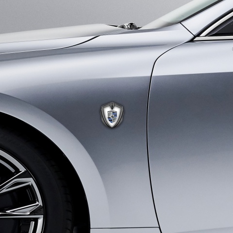 Porsche Tuning Emblem Self Adhesive Graphite White Base Blue Logo Motif