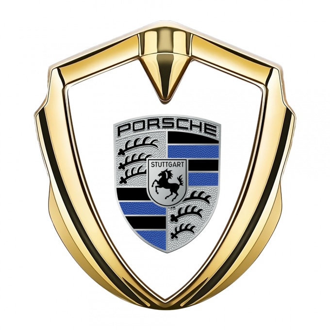 Porsche Tuning Emblem Self Adhesive Gold White Base Blue Logo Motif