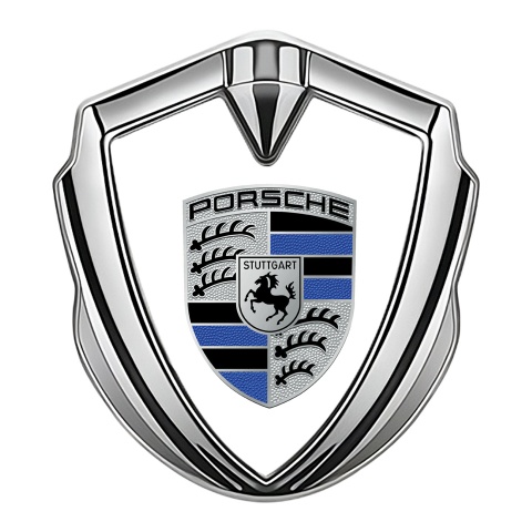 Porsche Tuning Emblem Self Adhesive Silver White Base Blue Logo Motif