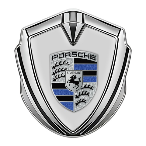 Porsche Tuning Emblem Self Adhesive Silver Grey Base Blue Logo Motif