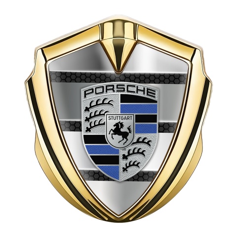 Porsche Trunk Metal Emblem Badge Gold Steel Planks Navy Blue Elements