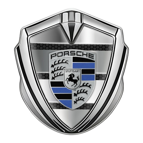 Porsche Trunk Metal Emblem Badge Silver Steel Planks Navy Blue Elements