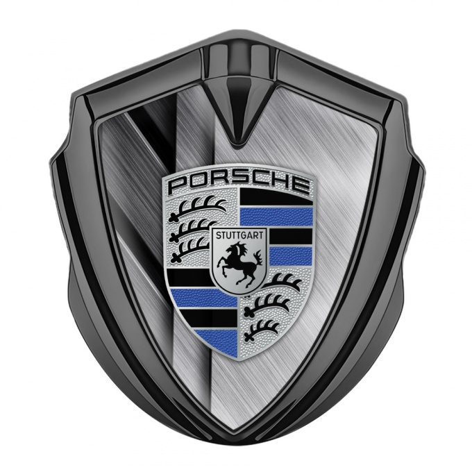 Porsche Metal Emblem Self Adhesive Graphite Brushed Alloy Navy Blue Motif