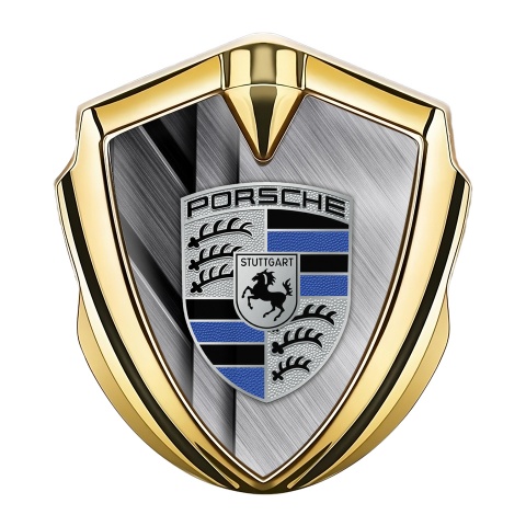Porsche Metal Emblem Self Adhesive Gold Brushed Alloy Navy Blue Motif
