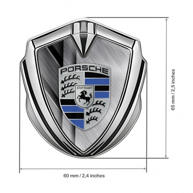Porsche Metal Emblem Self Adhesive Silver Brushed Alloy Navy Blue Motif