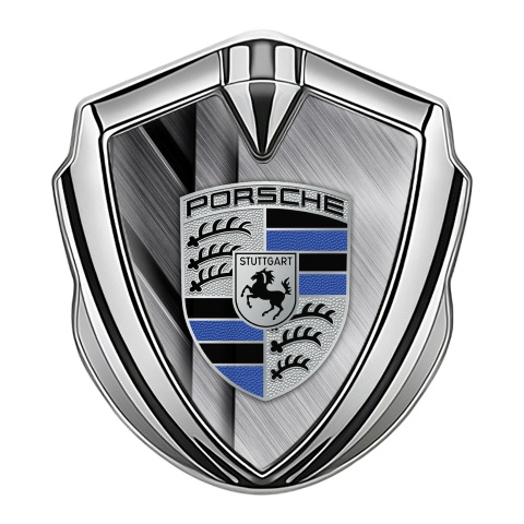 Porsche Metal Emblem Self Adhesive Silver Brushed Alloy Navy Blue Motif