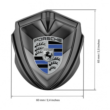 Porsche 3D Car Metal Domed Emblem Graphite Grey V Shaped Plates Blue Variant