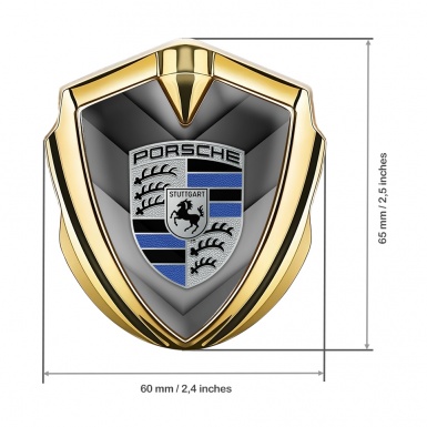 Porsche 3D Car Metal Domed Emblem Gold Grey V Shaped Plates Blue Variant 