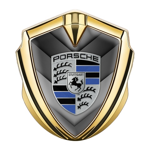 Porsche 3D Car Metal Domed Emblem Gold Grey V Shaped Plates Blue Variant 