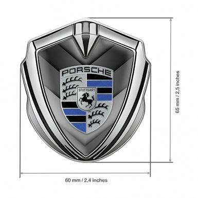 Porsche 3D Car Metal Domed Emblem Silver Grey V Shaped Plates Blue Variant