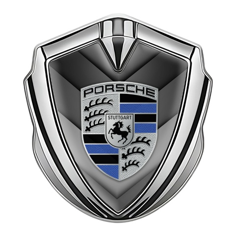 Porsche 3D Car Metal Domed Emblem Silver Grey V Shaped Plates Blue Variant