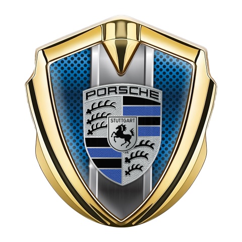Porsche Fender Emblem Badge Gold Persian Blue Mesh Steel Pilon Motif
