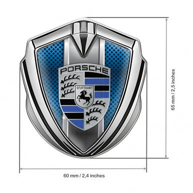 Porsche Fender Emblem Badge Silver Persian Blue Mesh Steel Pilon Motif