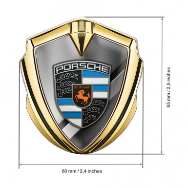 Porsche Fender Emblem Badge Gold Horizontal Plates Sky Blue Segments