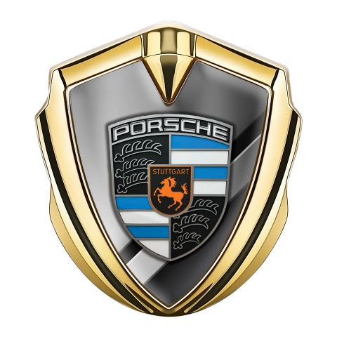 Porsche Fender Emblem Badge Gold Horizontal Plates Sky Blue Segments