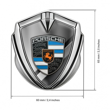 Porsche Fender Emblem Badge Silver Horizontal Plates Sky Blue Segments