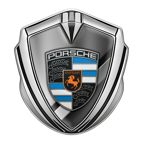 Porsche Fender Emblem Badge Silver Horizontal Plates Sky Blue Segments