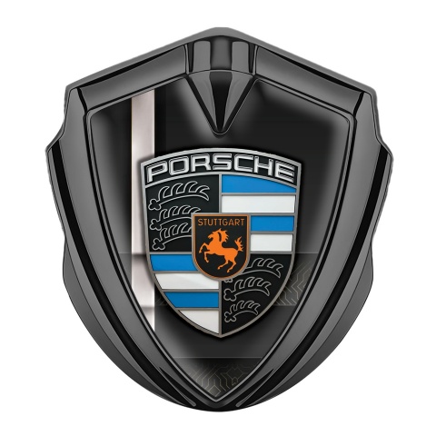 Porsche Fender Metal Domed Emblem Graphite Black Base Grey Sport Stripe