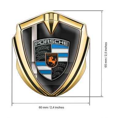 Porsche Fender Metal Domed Emblem Gold Black Base Grey Sport Stripe