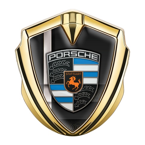 Porsche Fender Metal Domed Emblem Gold Black Base Grey Sport Stripe
