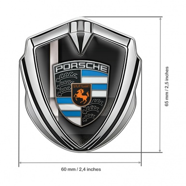 Porsche Fender Metal Domed Emblem Silver Black Base Grey Sport Stripe
