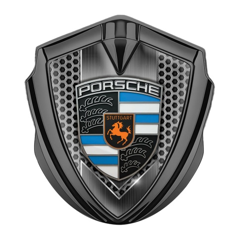 Porsche Trunk Emblem Badge Graphite Grey Honeycomb Blue Elements Crest