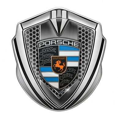 Porsche Trunk Emblem Badge Silver Grey Honeycomb Blue Elements Crest