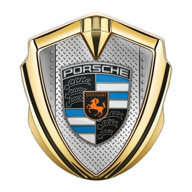 Porsche Metal Emblem Self Adhesive Gold Riveted Metal Plate Blue Segments