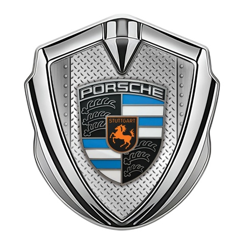 Porsche Metal Emblem Self Adhesive Silver Riveted Metal Plate Blue Segments
