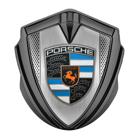 Porsche 3D Car Metal Domed Emblem Graphite Light Mesh Sky Blue Elements