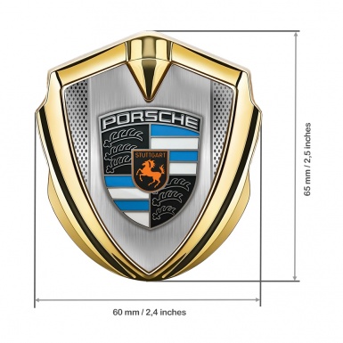 Porsche 3D Car Metal Domed Emblem Gold Light Mesh Sky Blue Elements
