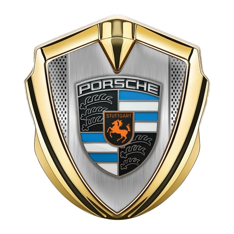 Porsche 3D Car Metal Domed Emblem Gold Light Mesh Sky Blue Elements