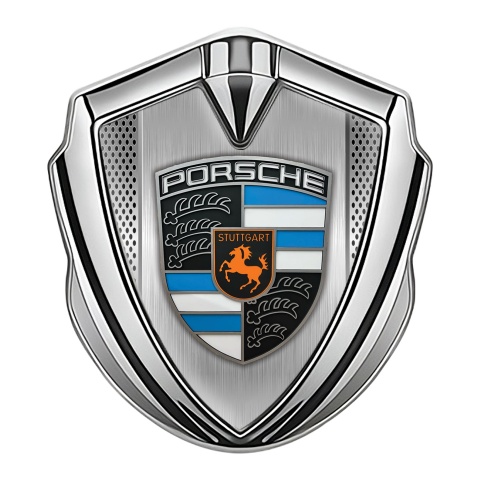 Porsche 3D Car Metal Domed Emblem Silver Light Mesh Sky Blue Elements
