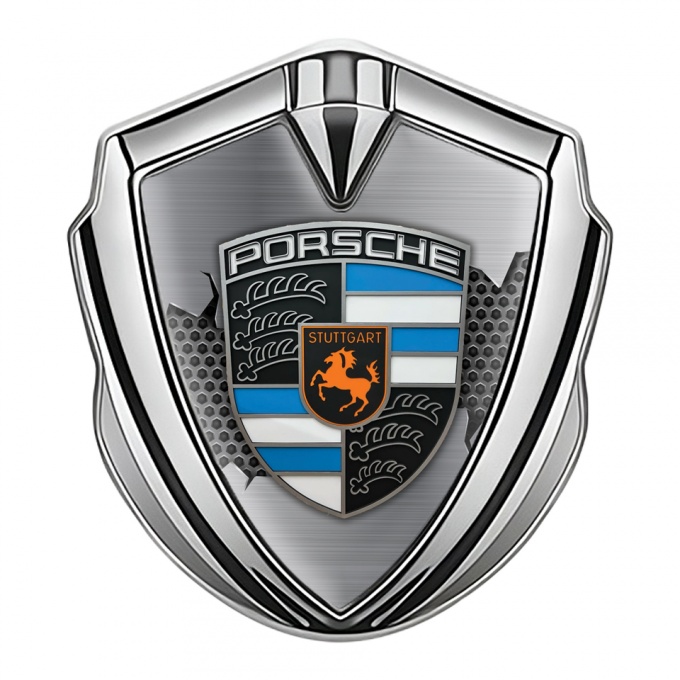 Porsche Bodyside Badge Self Adhesive Silver Grey Hex Torn Metal Plate