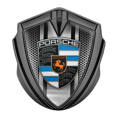 Porsche Metal Emblem Self Adhesive Graphite Steel Grate Blue Elements Crest