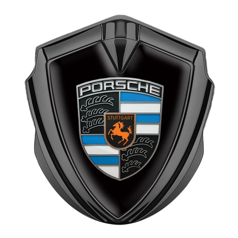 Porsche 3D Car Metal Domed Emblem Graphite Black Base Blue Segments