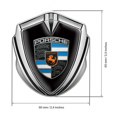 Porsche 3D Car Metal Domed Emblem Silver Black Base Blue Segments