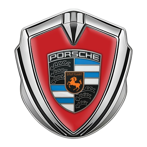 Porsche Tuning Emblem Self Adhesive Silver Red Base Blue Elements