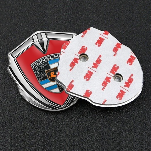 Porsche Tuning Emblem Self Adhesive Silver Red Base Blue Elements