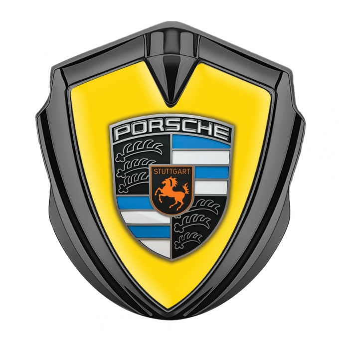 Porsche Fender Metal Domed Emblem Graphite Yellow Electric Blue Elements