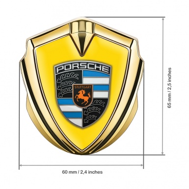 Porsche Fender Metal Domed Emblem Gold Yellow Electric Blue Elements