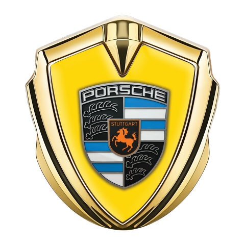 Porsche Fender Metal Domed Emblem Gold Yellow Electric Blue Elements