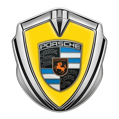 Porsche Fender Metal Domed Emblem Silver Yellow Electric Blue Elements