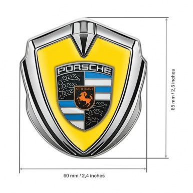 Porsche Fender Metal Domed Emblem Silver Yellow Electric Blue Elements