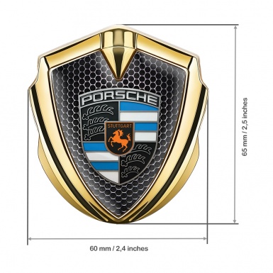 Porsche Fender Emblem Badge Gold Dark Grate Electric Blue Segments