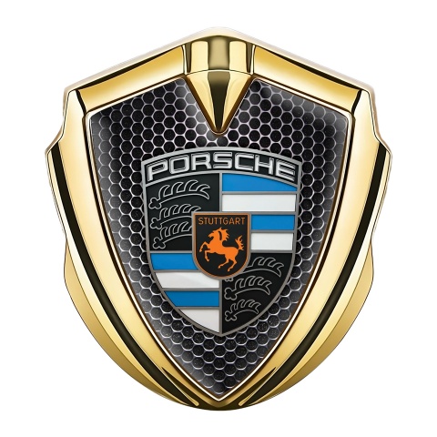 Porsche Fender Emblem Badge Gold Dark Grate Electric Blue Segments