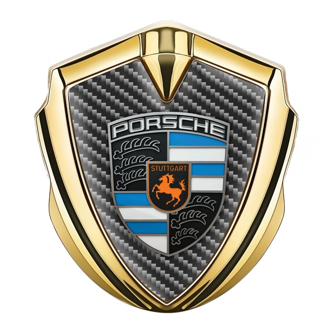 Porsche 3D Car Metal Domed Emblem Gold Dark Carbon Sky Blue Design